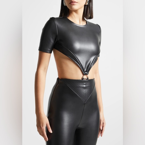 Maniere De Voir Vegan Leather Backless Jumpsuit - Black - Picture 2 of 3